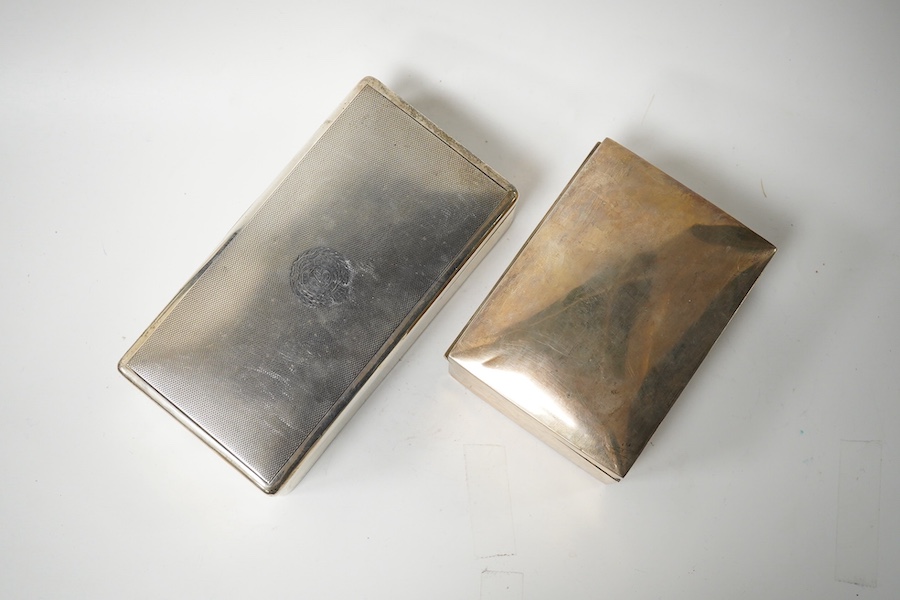 A George VI silver mounted rectangular cigarette box, with engraved Royal Engineers crest, London, 1940, 17.2cm and one other smaller late Victorian silver mounted cigarette box, Birmingham, 1896. Condition - poor to fai